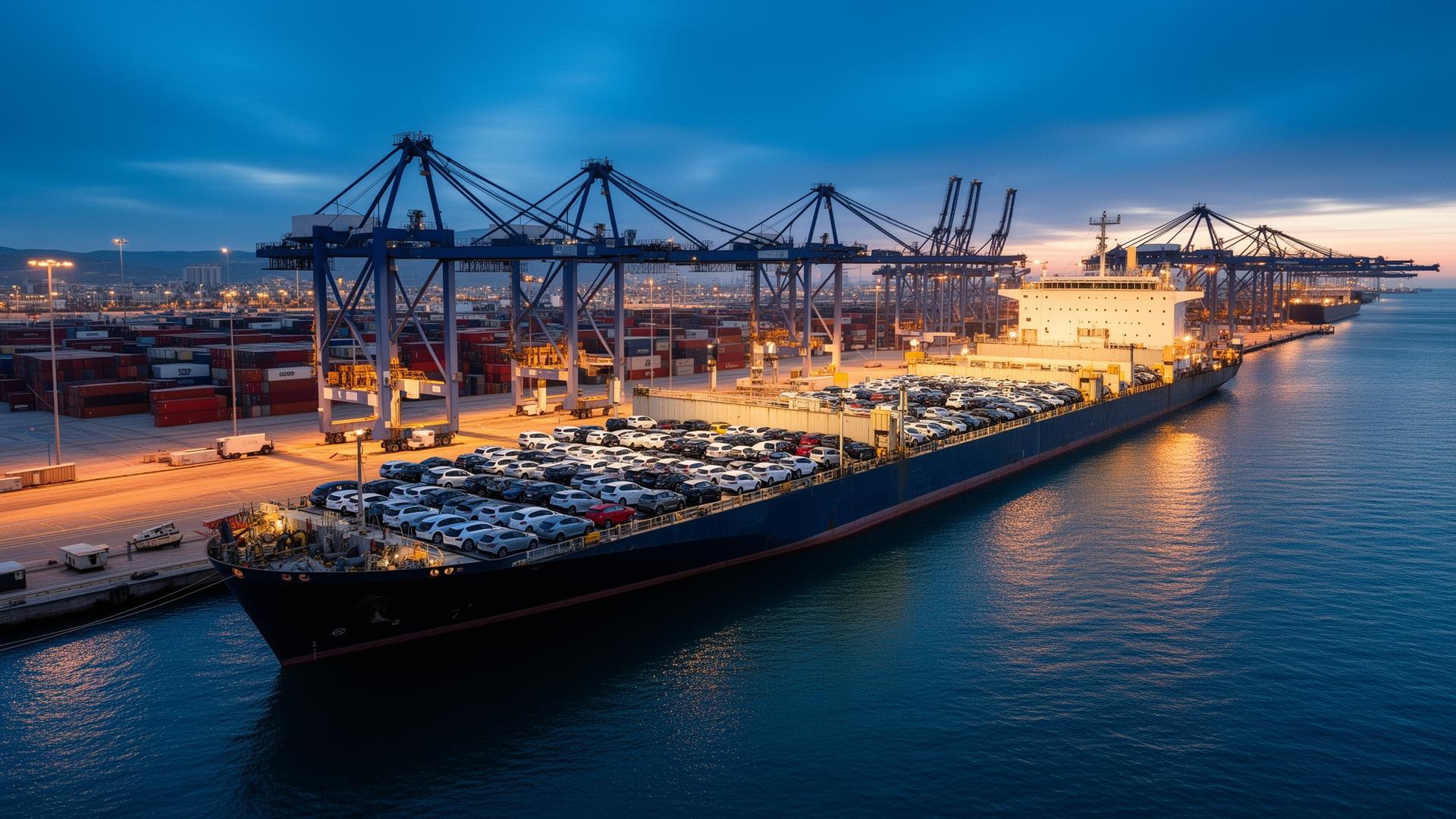 Buque RoRo cargando vehículos en puerto europeo al anochecer